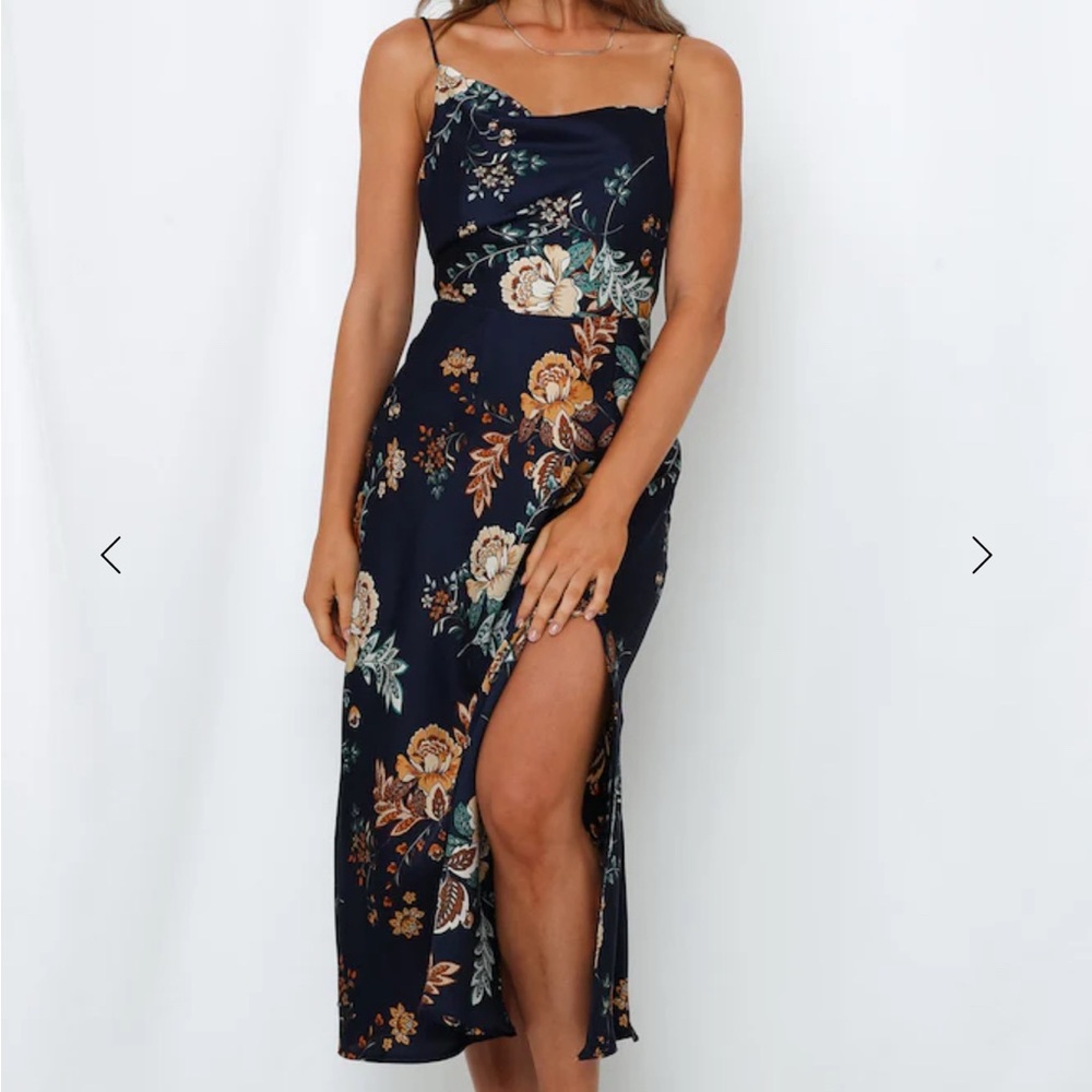 Hello Molly Navy Floral Atlas Elegant Satin Midi Dress Size S